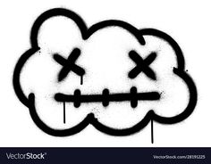 a black and white drawing of a cloud with two crosses on it's face