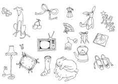 a bunch of different items that are drawn in black and white