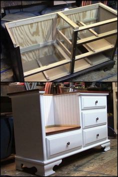 an old dresser turned into a cabinet with glass doors and drawers on the bottom shelf