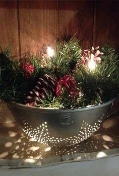 a metal bowl filled with pine cones and evergreen needles