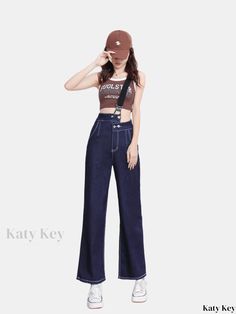 Katykey - Womens Asymmetrical Waist Denim Jeans with Shoulder Straps, High Waist Loose Fit Straight Pants - Fashionable Clothing for a Casual Look Trendy Full Length Denim Jumpsuit For Spring, Spring Trendy Full-length Denim Jumpsuit, Non-stretch Wide Leg Denim Jumpsuit, Versatile High Rise Summer Flare Jeans, Versatile High-rise Flare Jeans For Summer, Versatile Mid-rise Flare Jeans For Summer, Trendy Dark Wash Summer Pants, Dark Wash Wide Leg Denim Jumpsuit, High Waist Versatile Flare Jeans For Summer