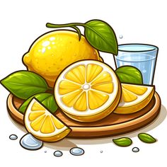 lemons, water and leaves on a wooden plate with drops of water around them