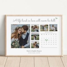 a wooden frame with an image of a couple and their wedding date