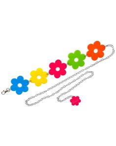 "Bring some flower power to your festival and rave outfits with our Flower Power Kandi Belt! This stylish and lightweight accessory is designed to add a playful touch to your look, with five daisy-shaped acrylic pieces arranged along a chain. Our Flower Power Belt comes with five different color acrylic pieces. The acrylic daisies are carefully cut to create a fun and eye-catching design that's perfect for dancing the night away. The chain is sturdy and adjustable, so you can wear it at your wai Kandi Belt, Kandi Flower, Rave Jewelry, Rainbow Belts, Festival Rave Outfit, Festival Belt, Kandi Kid, Edc Outfits, Rave Gear