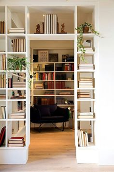 an open book shelf filled with books next to a blue chair and potted plant