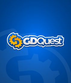 the logo for gqquest is shown on a blue background with white letters and yellow gears