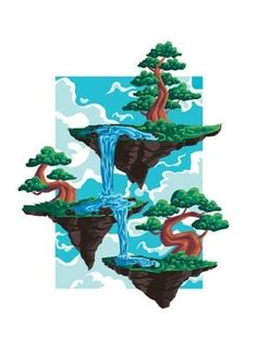 an image of a waterfall in the middle of two islands with trees on each side