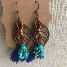 Hand-Crafted Silver Turquoise Earrings .925 Sterling Earwire Blue Pierced Copper Earrings, Blue Copper Pierced Earrings, Blue Artisan Copper Earrings, Artisan Blue Copper Earrings, Blue Copper Wire Wrapped Earrings, Unique Blue Copper Earrings, Artisan Blue Nickel-free Earrings, Blue Teardrop Copper Earrings, Blue Copper Teardrop Earrings