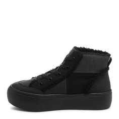 Embrace edgy style with the Flair Black Patchwork Platform Sneakers by Rocket Dog. These high top sneakers boast a black patchwork cotton upper, soft jersey lining, and a rubber flatform wedge. Perfect with distressed jeans and a leather jacket for a rock-chic vibe or soften with a floral dress. 🖤 Rocket Dog high top women's sneaker Style: Lace up high top flatform sneaker Upper: Black patchwork cotton Lining: Jersey Sole: Rubber flatform wedge Heel Height: 1.89 inches Platform height .67 inche Flatform Sneakers, Top Sneakers Women, Sneaker Style, Rocket Dog, Rock Chic, Edgy Style, Platform Sneaker, Platform Sneakers, Edgy Fashion