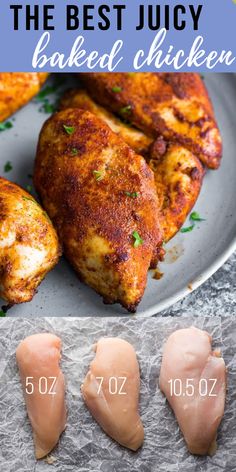 the best juicy baked chicken is shown on a plate with three pieces of chicken in front