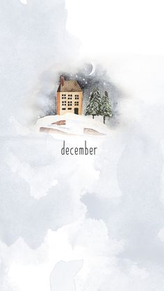 a small house sitting on top of a snow covered hill with the words december above it