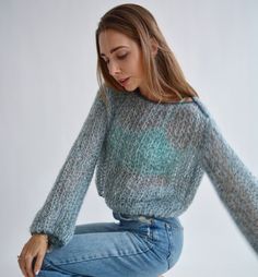 Hello, I'm the one, who won't let you down- blue lurex sweater. I will comfort you, keep you warm and will make you smile. I'm 100% hand made and proud of that. I consist of 70% italian kid mohair and 30% of nylon, which makes me incredibly natural. I'm quite unique as could be worn all year long. I'm embroidered with thin yarn of lurex, which makes me really chic. I'm in one size and one size fits all because my measurements are : ❤️ Width -47 cm ❤️ Lengths -45 cm If you would like me in other Lurex Sweater, Pull Mohair, Bohemian Sweater, Embellished Sweater, Mesh Sweater, Short Sweater, Sweater Cropped, Pink Knit Sweater, Basic Sweaters