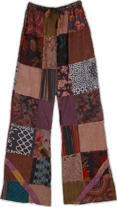 Cotton Patchwork Wide-leg Pants, Hippie Style Cotton Pants For Fall, Hippie Patchwork Bottoms For Fall, Brown Patchwork Wide Leg Bottoms, Hippie Wide-leg Patchwork Pants, Hippie Wide Leg Patchwork Pants, Bohemian Brown Cotton Pants, Bohemian Cotton Bottoms With Patchwork, Hippie Brown Bottoms For Fall