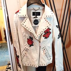 This Is A Gorgeous Nwt Coalition La White Vegan Leather Embroidered Patchwork Studded Motorcycle Jacket In Xs Fitted Design Studded And Embroidered With Patches Of Roses Appliques Vintage, Casual, Boho, Embroidered Leather, Vegan, Please Let Me Know If You Have Any Questions Cropped Blazer Jacket, Studded Jacket, Vegan Leather Jacket, Faux Leather Moto Jacket, Embroidered Leather, Vintage Leather Jacket, Genuine Leather Jackets, Vintage Casual, Leather Moto Jacket