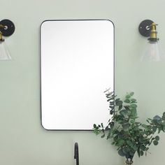 a bathroom sink with a mirror above it next to a potted plant and two lights