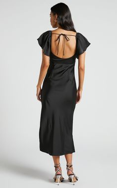 Emberlynn Midi Dress - Flutter Sleeve Cut Out Satin Dress in Black Tie-back Midi Dress For Night Out, Satin Midi Dress With Tie Back, Satin Midi Dress With Ruched Back, Spring Midi Dress With Tie Back For Dinner, Spring Satin Midi Dress With Ruched Back, Spring Midi Satin Dress With Tie Back, Satin Midi Dress With Tie Back For Brunch, Spring Tie-back Satin Midi Dress, Chic Satin Midi Dress With Ruched Back