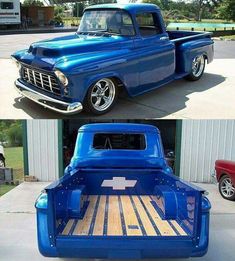 two pictures of an old blue pickup truck with wood flooring in the back and side