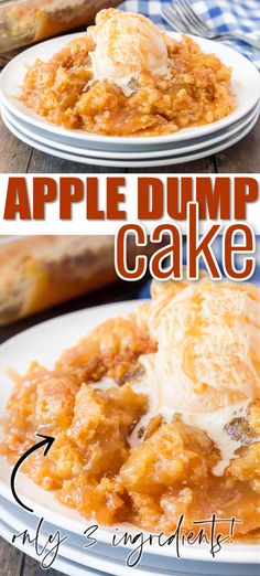 an apple dump cake on a white plate with the words, how to make apples dump cake