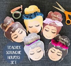 paper cut outs with scissors and hair clips on top of them that say teachers, scrunchie holders, and don't - shirts