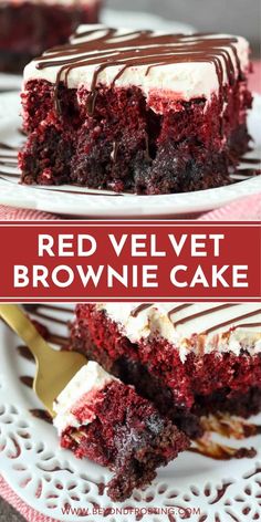 red velvet brownie cake with white chocolate drizzle on top