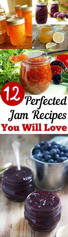 jars filled with jams and blueberries sitting on top of a wooden table next to other