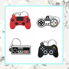 four different video game controllers key chains on a white flowery background with blue border