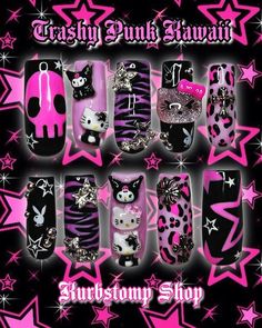 Nail Art Step By Step, Art Step By Step, Punk Kawaii, Junk Nails, Mcbling Y2k, Punk Nails, Anime Nails, Baddie Nails, Goth Nails