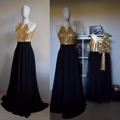 two dresses on mannequins with gold sequins and black tulle