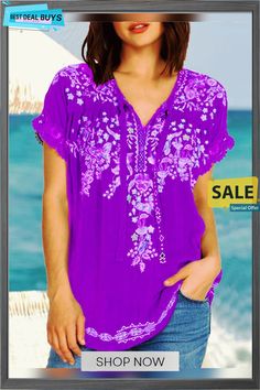 Casual Short Sleeve Cotton-blend T-shirt Purple V-neck Top With Graphic Print, Casual Purple Short Sleeve Shirt, Purple Short Sleeve Vacation Tops, Purple Short Sleeve Top For Vacation, Casual Purple V-neck Top, Purple Short Sleeve Beach Top, Purple V-neck Summer Shirt, Casual Printed Purple Tops, Purple Relaxed Fit Casual Top