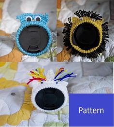 four pictures of different animal hats on top of a bed with the words pattern above them