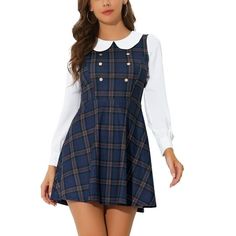 This doll collar dress with puff sleeves pair with boots or sandals on dating, Christmas parties, street, Evening Dinner for a Romantic Lady Feeling.Plaids Contrast Peter Pan Collar Mini Dress shows your feminine sense. Stepping into the plaids dresses with a contrasting collar perfect for a Preppy or Christmas look. Contrast color plaid dresses decorated with metal buckle that has created the retro preppy style. Detailing with a hidden zipper at the back for easy wear. A-line shape dress comple Preppy Mini Dress For Fall, Preppy Long Sleeve Dresses For Fall, Casual Winter Dresses For School, Casual Winter School Dress, Casual Fall School Dresses, Preppy Fitted Dress For Fall, Doll Collar Dress, Collar Mini Dress, Plaid Dresses