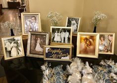 a table topped with pictures and candies