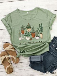 Lasaky - Green Plant Short Sleeve Shirt with Alphabet Design Blend Contour, Alphabet Design, Round Neck Sweatshirts, Slim Fit Shorts, Print Crop Tops, Chest Pad, Green Cotton, Types Of Collars, Fashion Boutique