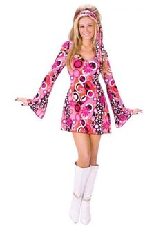 You will be ready to boogie out on the dance floor in this Feelin Groovy Disco Costume featuring a mod print dress with flare sleeves and a headscarf. Bring back the 60's and 70's with all the groovy moves when you wear this costume for Halloween or a disco party. You may be too young to remember the 60's but you will have a good time pretending to be a groovy mod disco diva in this costume. Available in adult Medium/Large or Small/Medium. Costumes typically run a little smaller than regular clo 70s Fancy Dress, 60s Costume, Gogo Dress, 70s Costume, Disco Costume, Feelin Groovy, Disco Fashion