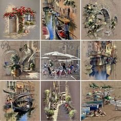 many different pictures of boats and buildings with flowers on the top one is an umbrella