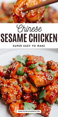 sesame chicken with chopsticks on top and the words chinese sesame chicken super easy to make