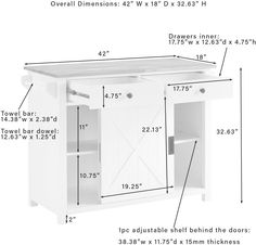 the measurements for a small white cabinet with doors and drawers on each side is shown