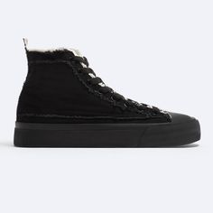 Nwt. Zara Man Black Frayed Canvas High-Top Sneakers. Smooth Denim Print Upper With Interior Contrast Color. Lacing With Eight Pairs Of Eyelets. Slightly Chunky Sole. Size 12. Ref. 2108/220. Sh14 Casual High-top Sneakers With Textured Sole For Winter, Casual Winter High-top Sneakers With Textured Sole, Black Textile Sneakers With Vulcanized Sole, Black Textile Canvas Shoes With Vulcanized Sole, Winter Low-top Sneakers With Vulcanized Sole, Black High-top Sneakers For Winter, Urban Black High-top Textile Sneakers, Black Winter Sneakers With Rubber Sole, Urban Black Textile High-top Sneakers