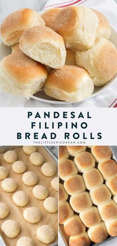 several different pictures of rolls on a plate with the words, pandesal filipino rolls