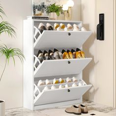 a white shoe rack filled with shoes next to a potted plant on the floor