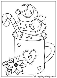 a coloring page with a mug and candy cane