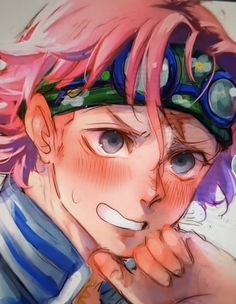 an anime character with pink hair and blue eyes looking at the camera while holding his hand to his mouth