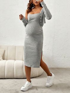 Grey Casual Collar Long Sleeve  Plain  Embellished High Stretch  Maternity Clothing Maternity Two Piece, Shein Maternity, Dress And Jacket Set, Cute Maternity Outfits, Casual Maternity, Trendy Maternity, Pregnancy Outfits, Maternity Clothing, Long Sleeves Coats