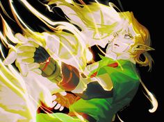 an anime character with yellow hair and green eyes