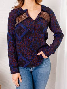 Lace Inset Split Neck Button Front Top. Elegant Black Paisley Print Tops, Casual Black Paisley Print Blouse, Casual Black Blouse With Paisley Print, Blue Paisley Print Top For Fall, Long Sleeve Tops With Paisley Print For Work, Fitted Paisley Print Blouse For Work, Casual Paisley Print Blouse For Work, Casual Paisley Print Top For Workwear, Casual Workwear Blouse With Paisley Print