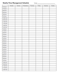 the weekly time management schedule is shown in black and white, as well as an image of