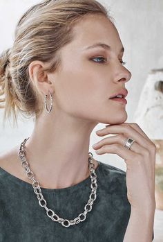 A double chain combines polished and pebbled links for a complex, textured look that is both classic and modern. Double Chain, Link Necklace, Brighton, Necklaces Bracelets, Silver Jewelry, Fine Jewelry, Charms, Necklaces, Chain