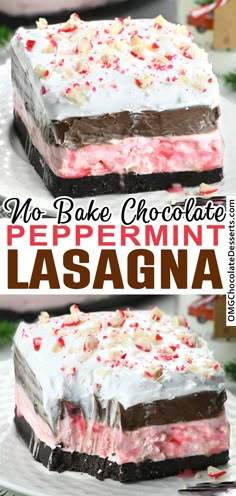 no bake chocolate peppermint lasagna cake on a plate