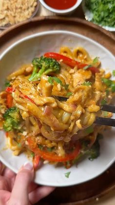 a plate with noodles, broccoli and peppers on it