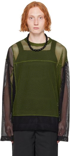 Semi-sheer polyester mesh T-shirt. · Paneled construction · Crewneck · Dropped shoulders Supplier color: Green Green Long Sleeve Top With Sheer Sleeves, Trendy Green Long Sleeve Mesh Top, Green Sheer Stretch Mesh Top, Green Mesh Crew Neck Top, Green Long Sleeve Shirt With Abstract Print, Leather T Shirt, Mesh T Shirt, Sheer Shirt, Green Brands